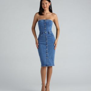 On The Down Low Denim Strapless Midi Dress