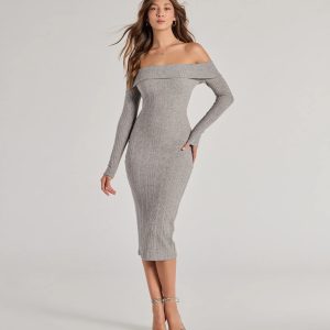 Perfect Curves Ribbed Knit Off-The-Shoulder Midi Dress