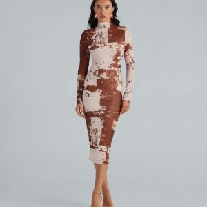 Abstract Moment Mesh Mock Neck Midi Dress